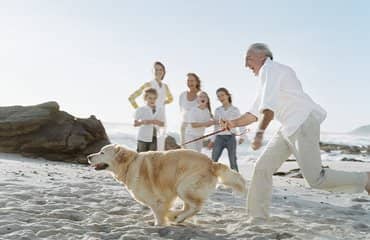 Familie spielt mit Hund am Strand