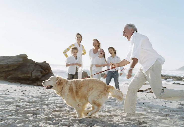 Familie spielt mit Hund am Strand